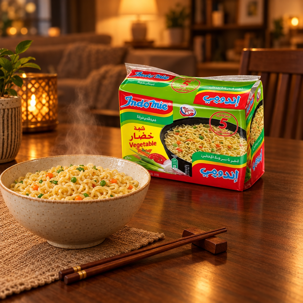 Cosy evening noodle meal scene