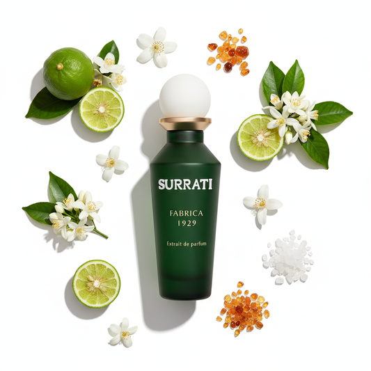 Surrati Fabrica 1929 - flat-lay with fragrance notes