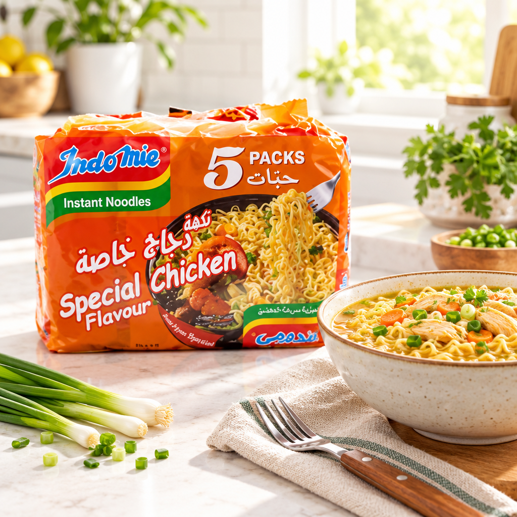 Bright kitchen noodle meal scene