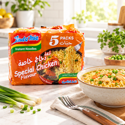 Bright kitchen noodle meal scene