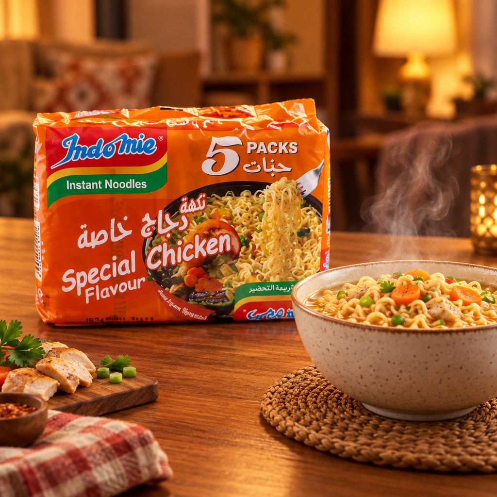 Cosy evening noodle meal scene