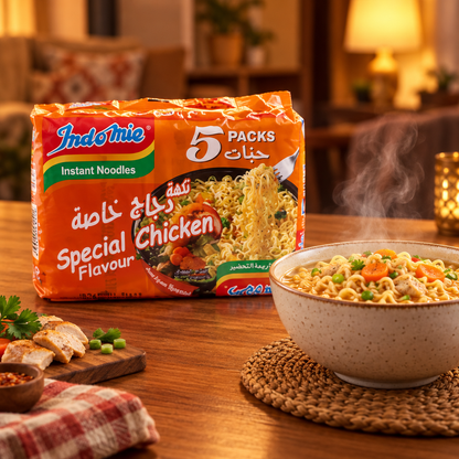 Cosy evening noodle meal scene