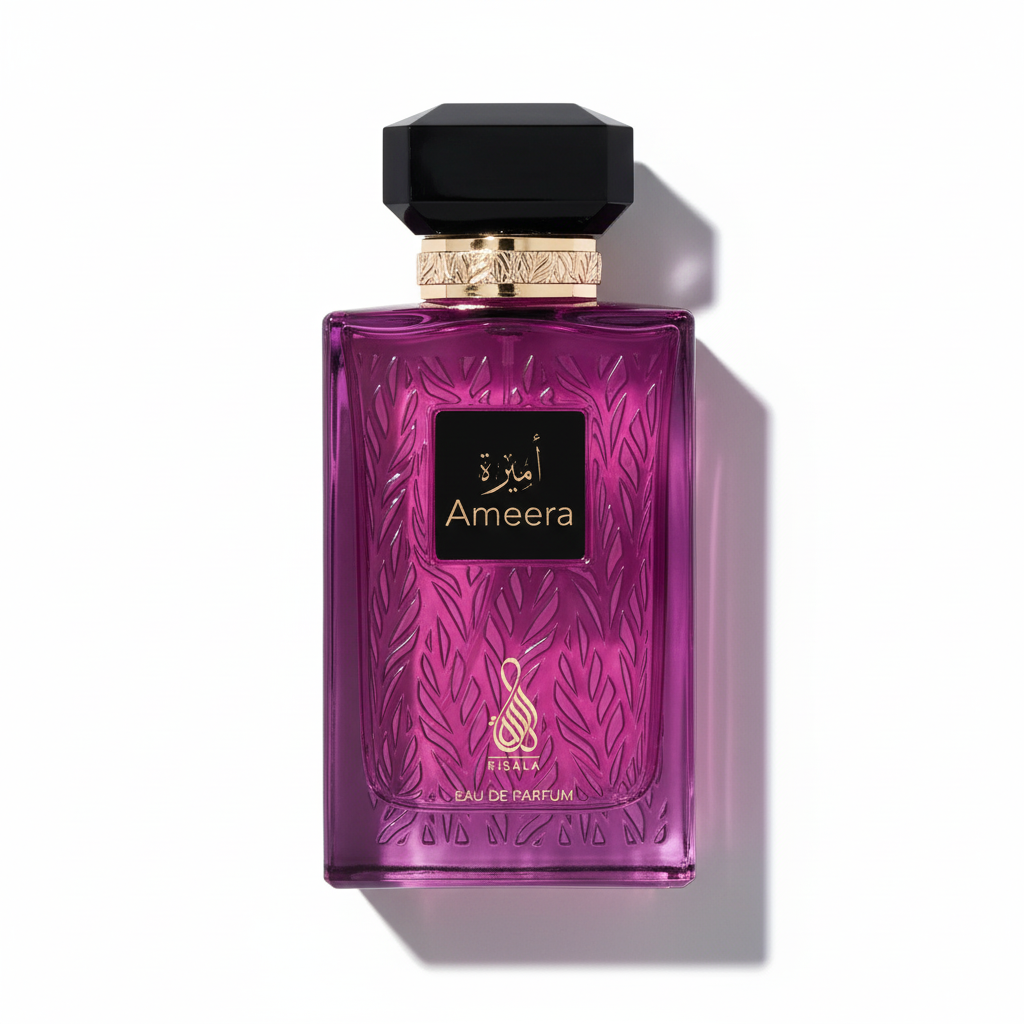 Flat-lay Ameera perfume with dramatic shadow