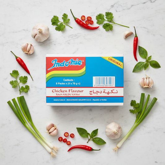 Indomie Chicken Carton Flat Lay