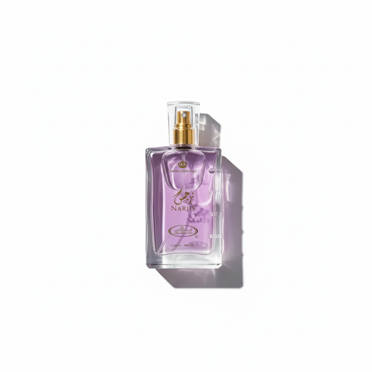 Purple Narjis perfume bottle on clean background