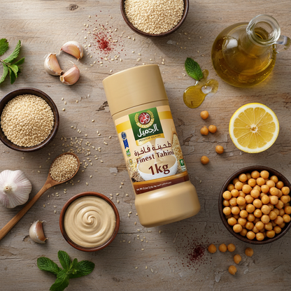 Tahini 1kg flat-lay composition