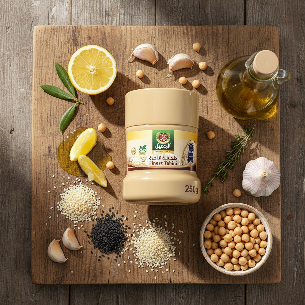 Tahini flat-lay composition